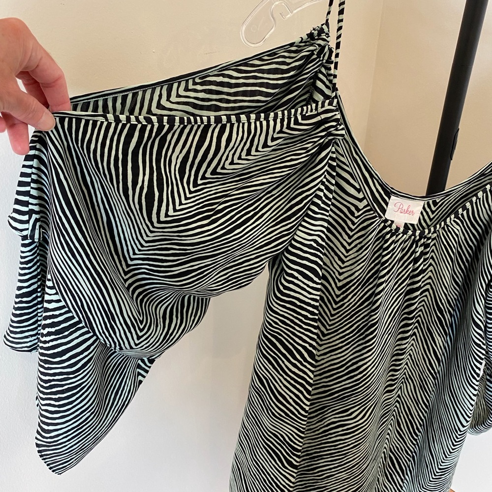 Parker Cold-Shoulder 100% Silk Mini Dress XS Black/White - Picture 7 of 16